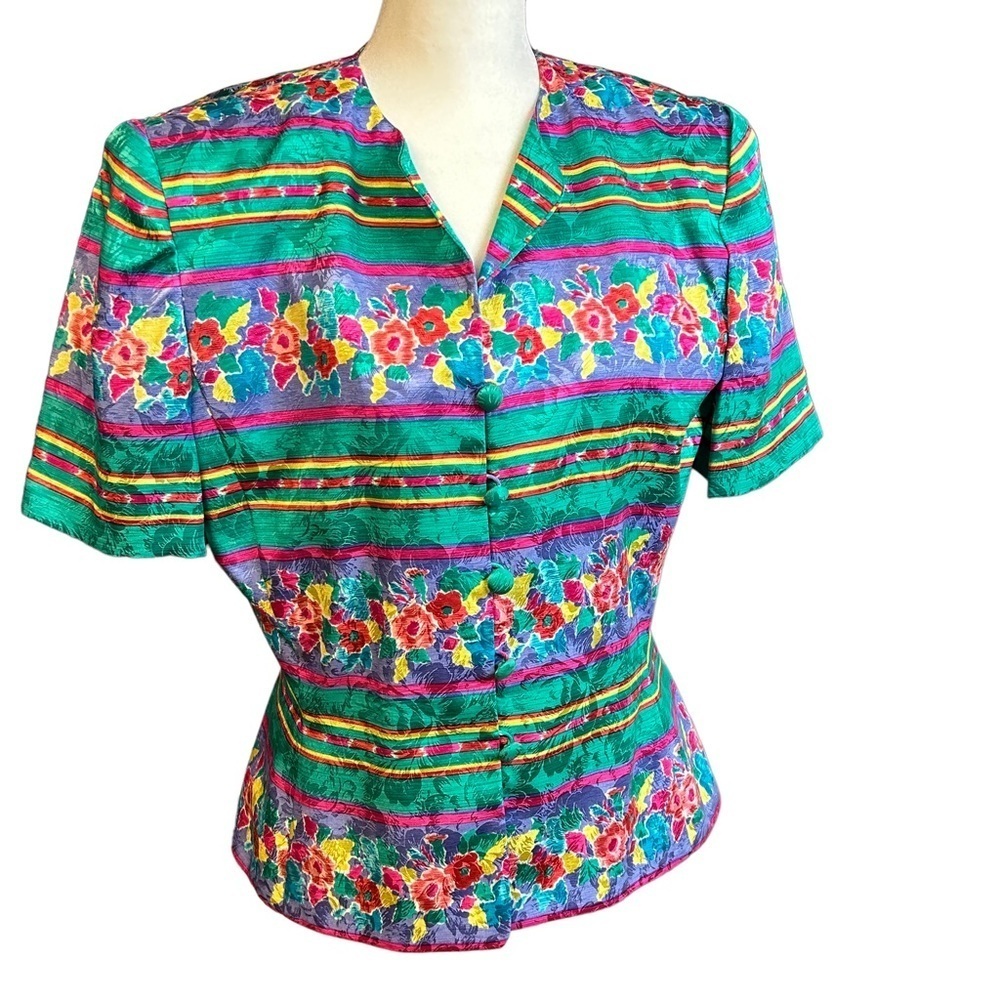 Adrianna Papel 100% Silk Colorful Short Sleeve Vintage Button Up Blouse